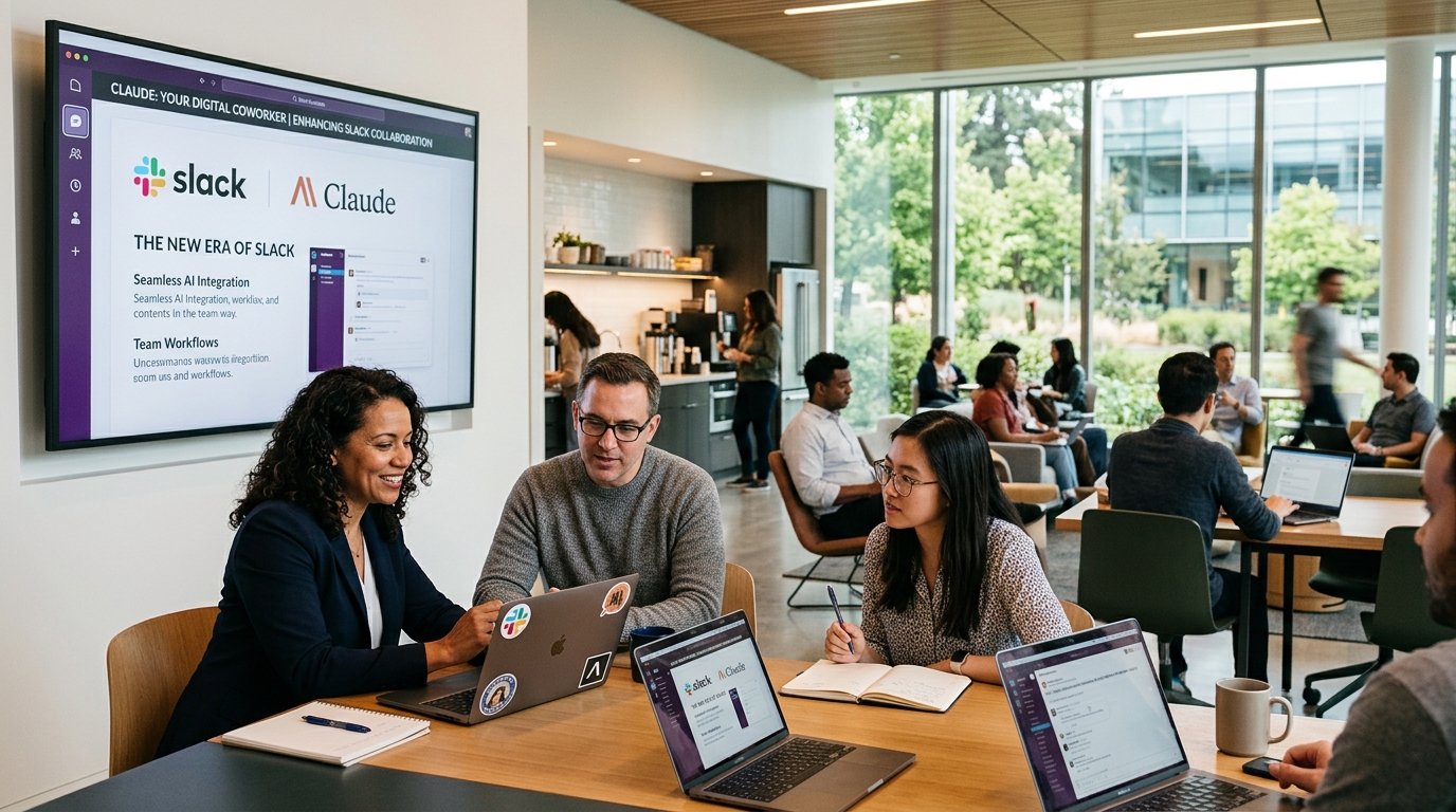 Anthropic's Claude AI logo integrated with the Slack interface in a modern office setting.