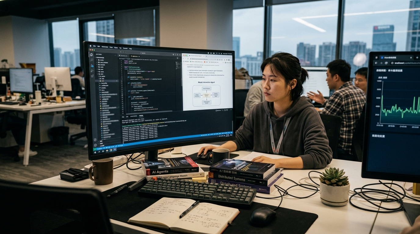 Digital representation of Chinese AI agents competing with Claude Code in software engineering.