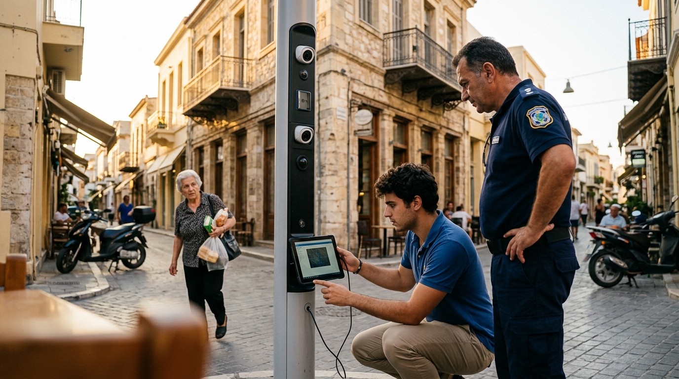 Digital visualization of AI-driven urban planning enforcement in Heraklion, Crete.