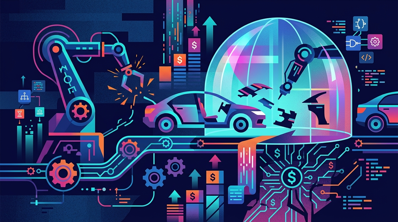Robotic arms in a car factory illustrating the limits of the AI revolution in manufacturing.