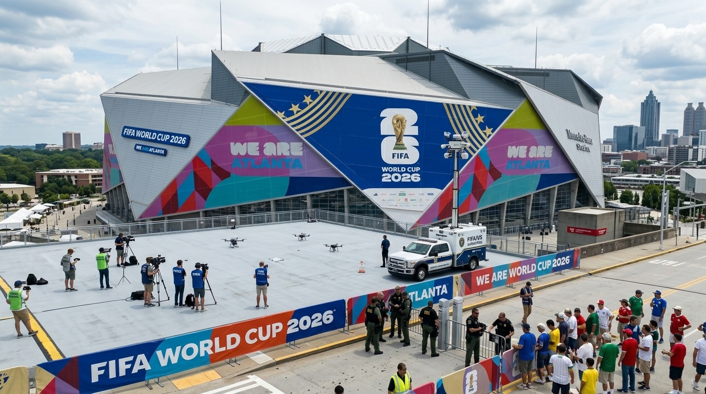 Security drones flying over a World Cup 2026 stadium.