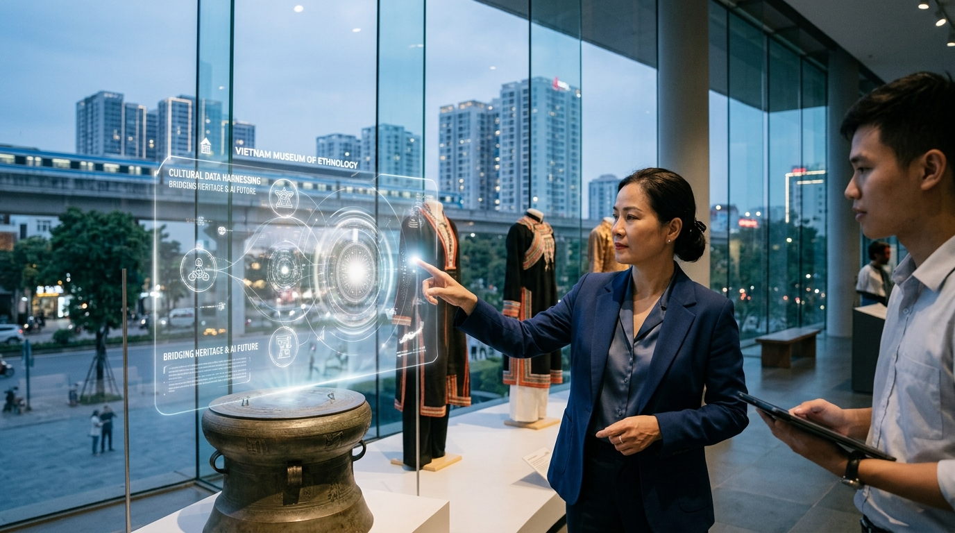 Vietnam Museum of Ethnology interior showcasing Artificial Intelligence tools for cultural heritage preservation.