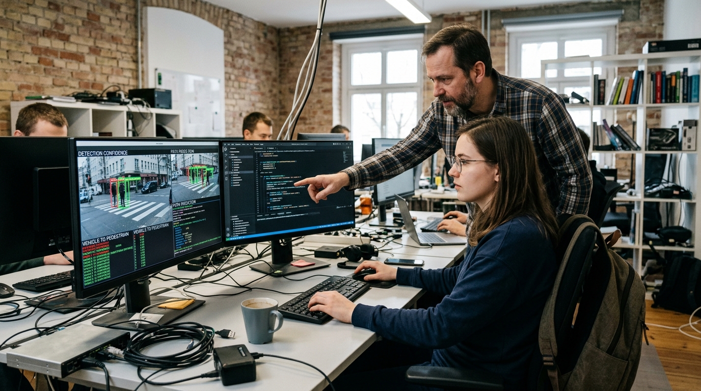 Smart traffic light using AI technology for pedestrian safety on a German street.