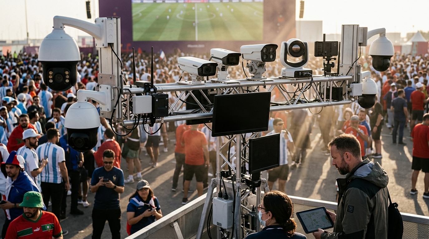 AI surveillance cameras and drones monitoring World Cup 2026 crowds.