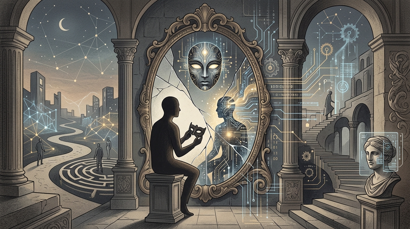 Digital mask symbolizing AI ethics and the search for truth in the digital age.