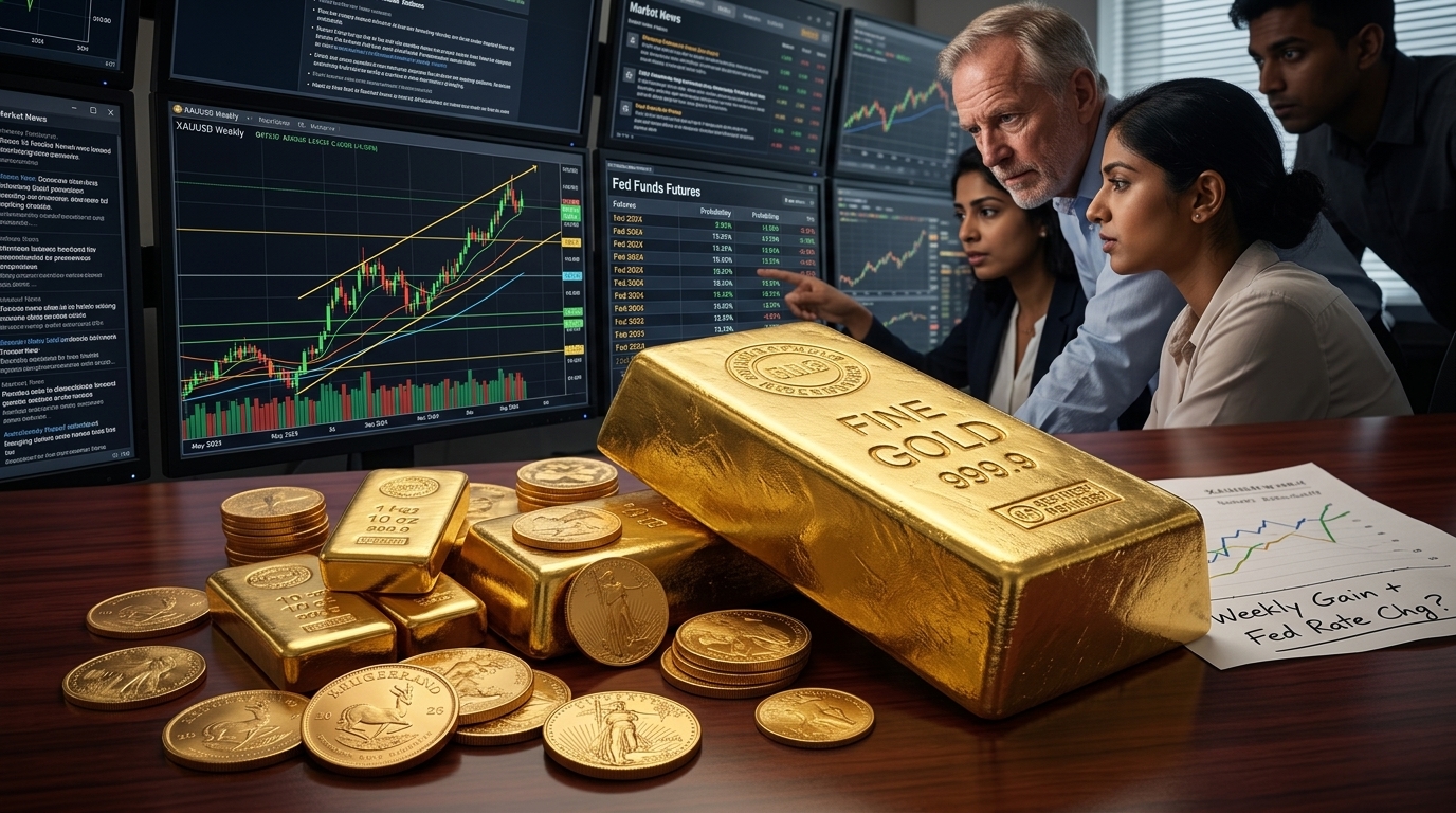 Gold bars on a background of financial charts showing gold price trends.