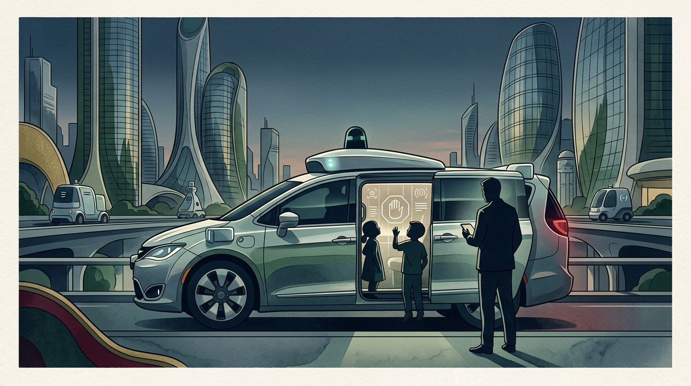 A Waymo autonomous vehicle on a city street, highlighting passenger safety.