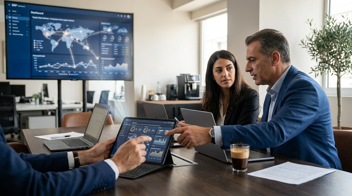 Modern office setting showing Cloud ERP and AI data visualizations on a digital screen.