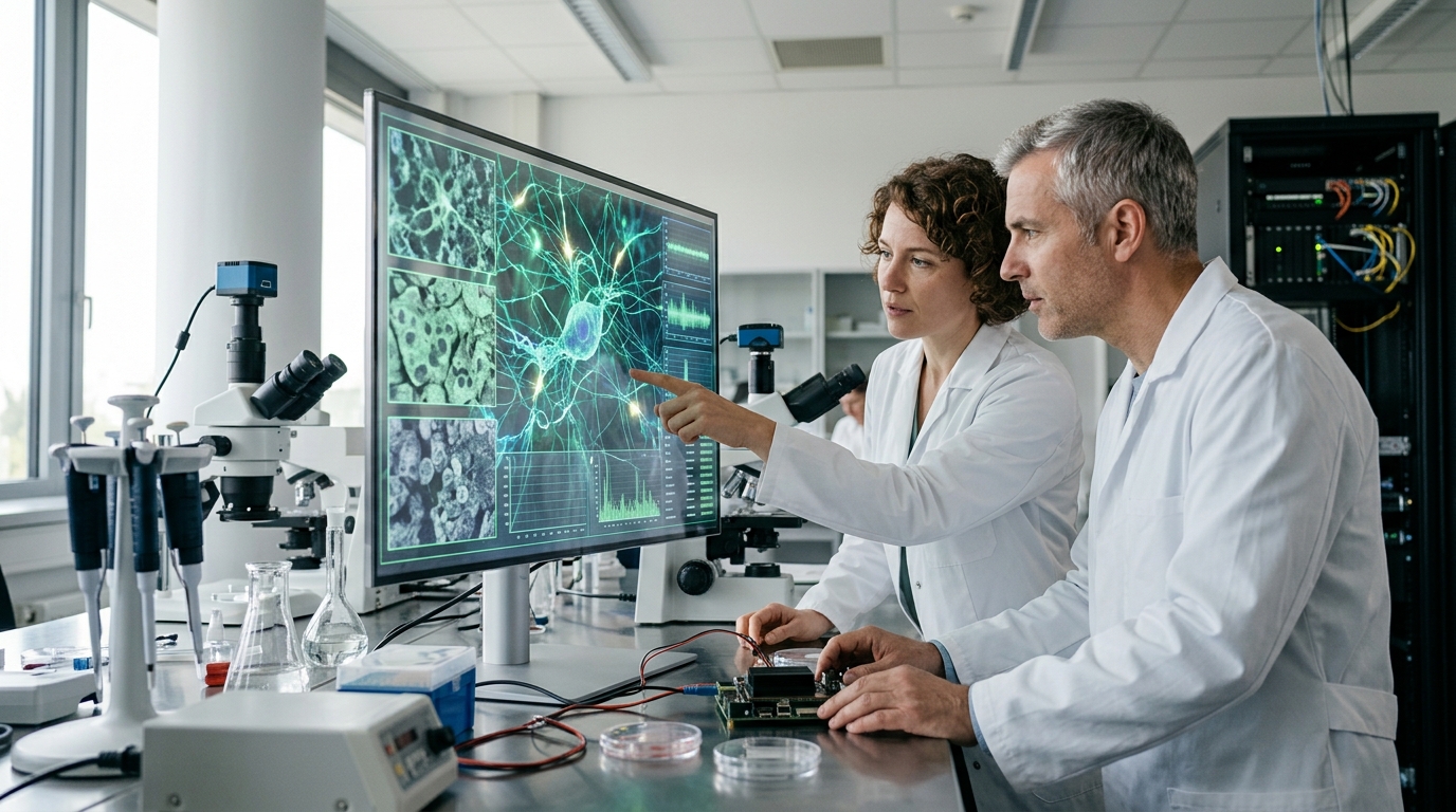 Digital representation of AI data layer and biotech drug discovery processes.