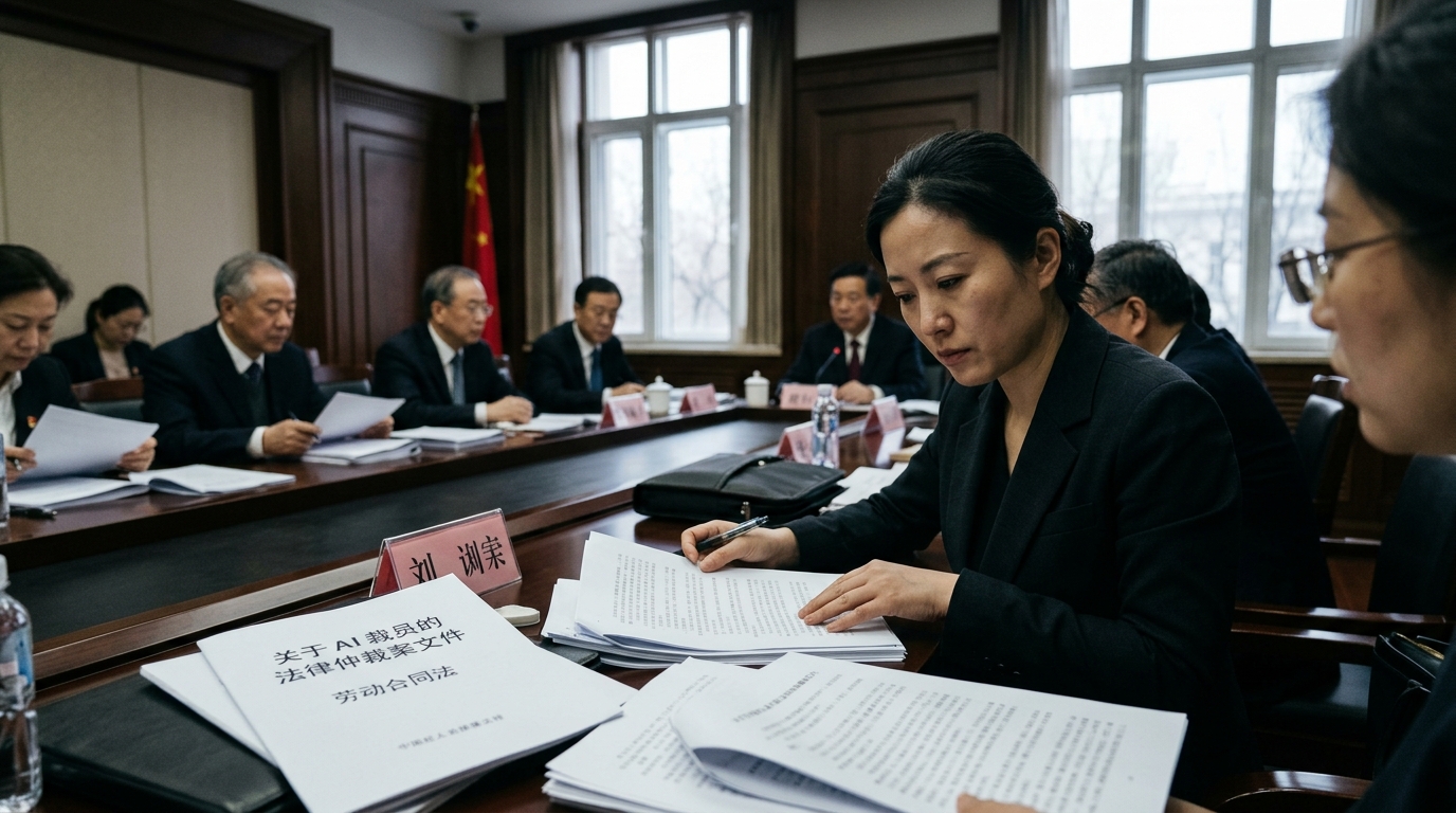 Tech worker in China facing a screen with AI algorithms, representing AI layoffs and labor law.