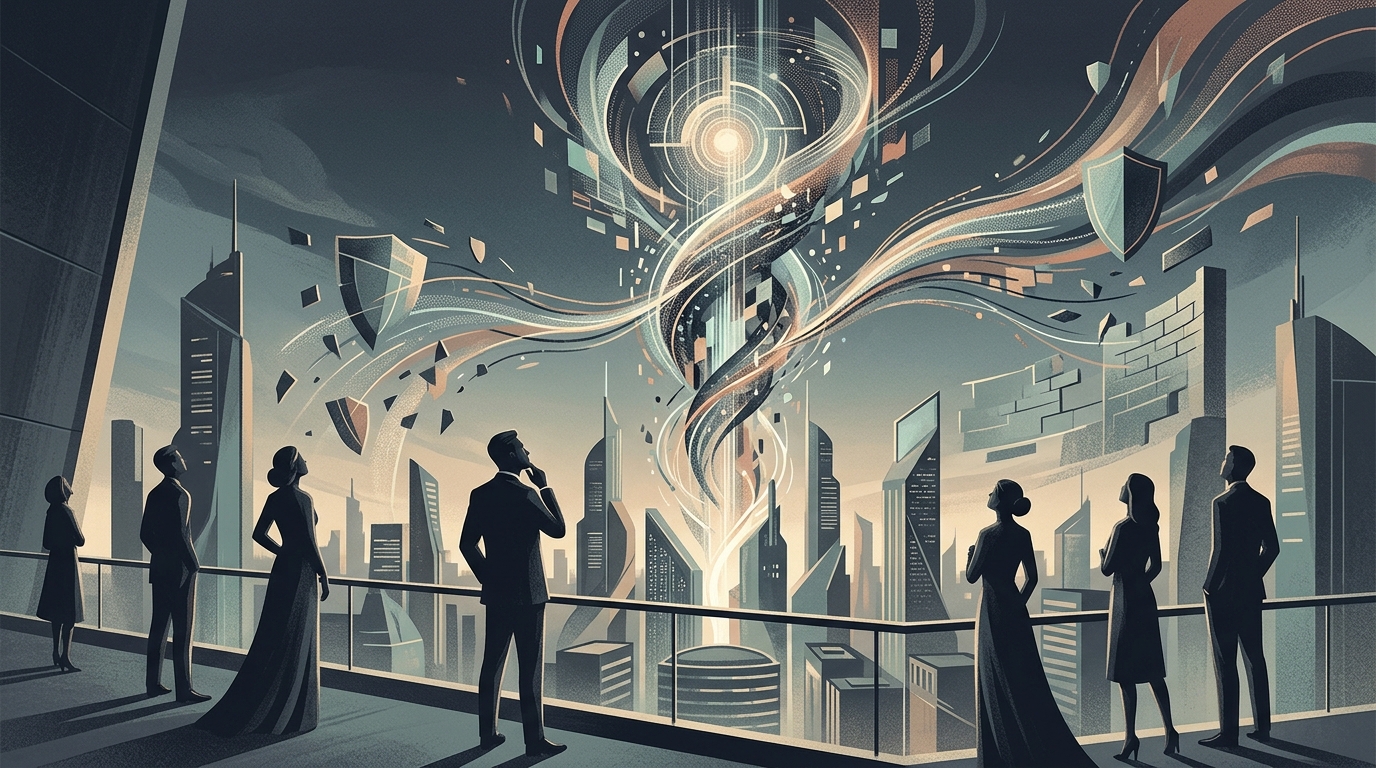 IBM conceptual visualization of AI discovery outpacing cybersecurity defense systems.