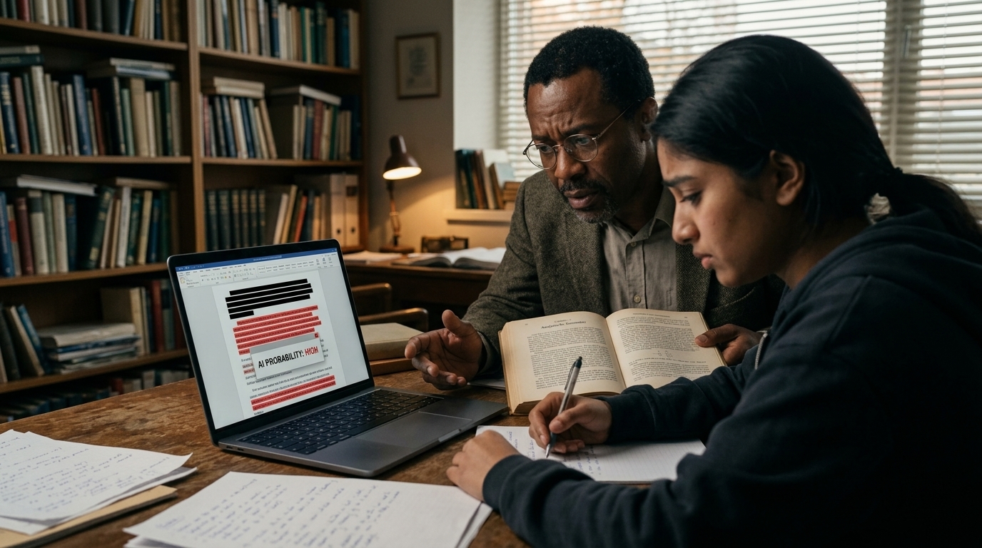 Digital magnifying glass examining text for AI detection.