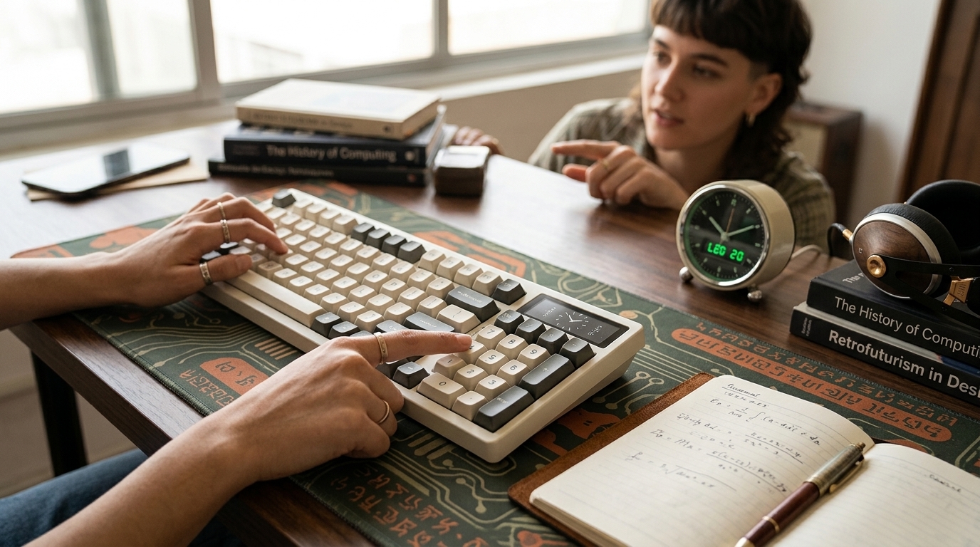 Epomaker RT98 retro-future mechanical keyboard with numpad on a minimalist desk.