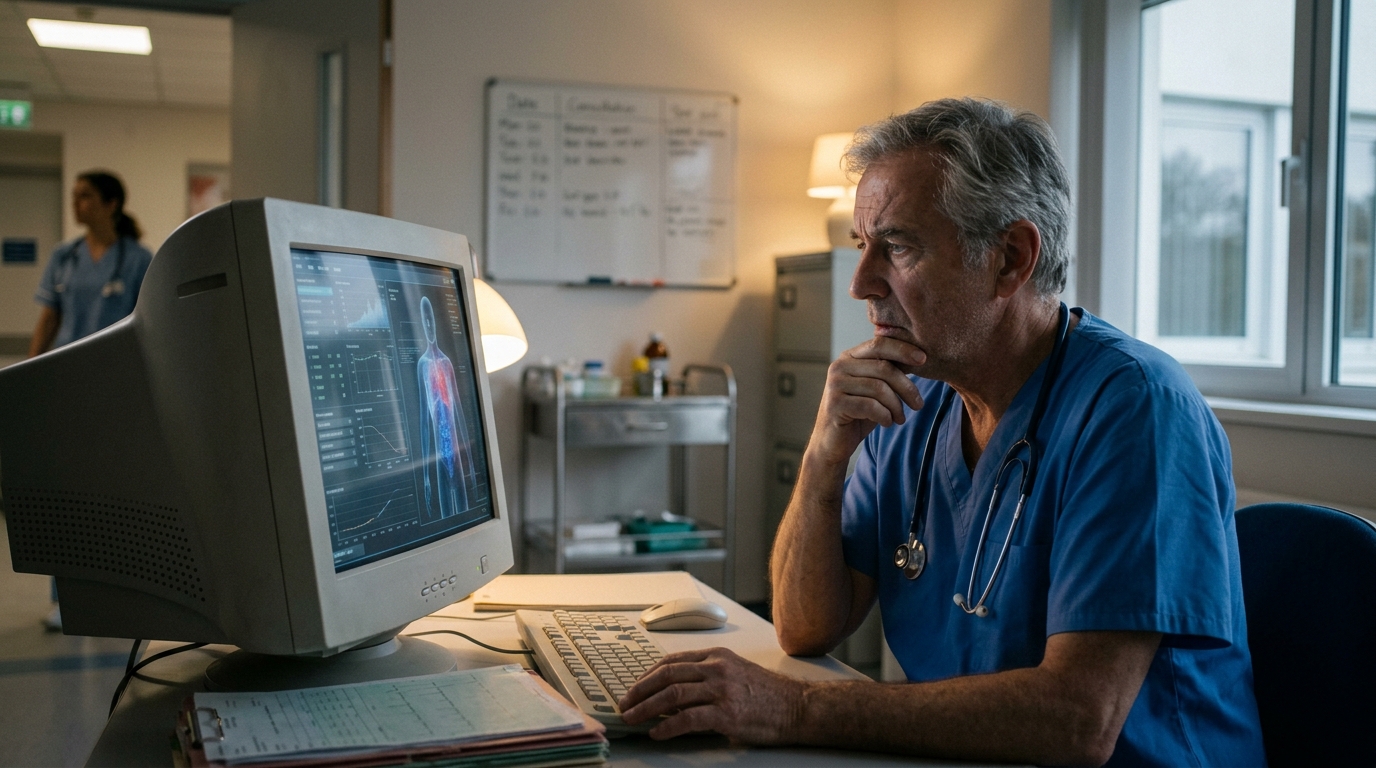 Illustration of medical AI monitoring in a hospital ward.