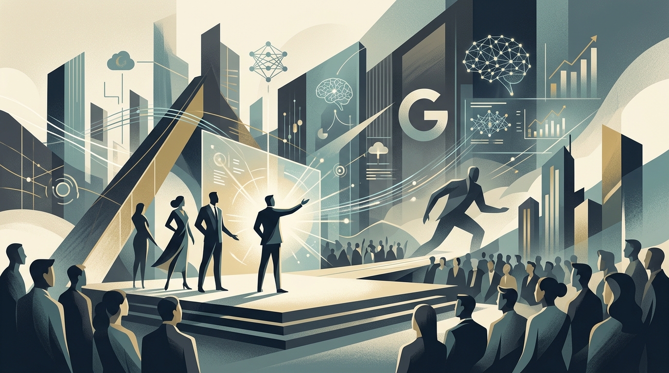 Το λογότυπο της Google και γραφικά τεχνητής νοημοσύνης Gemini.