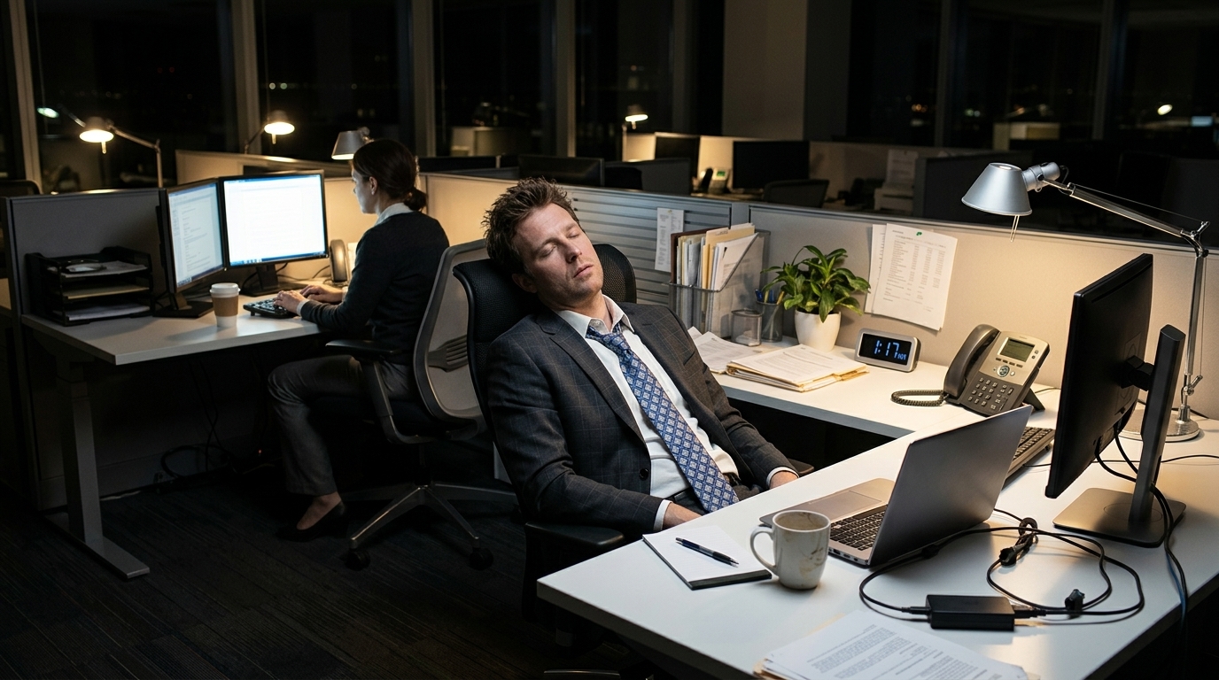 Job candidate during an automated AI interview late at night.