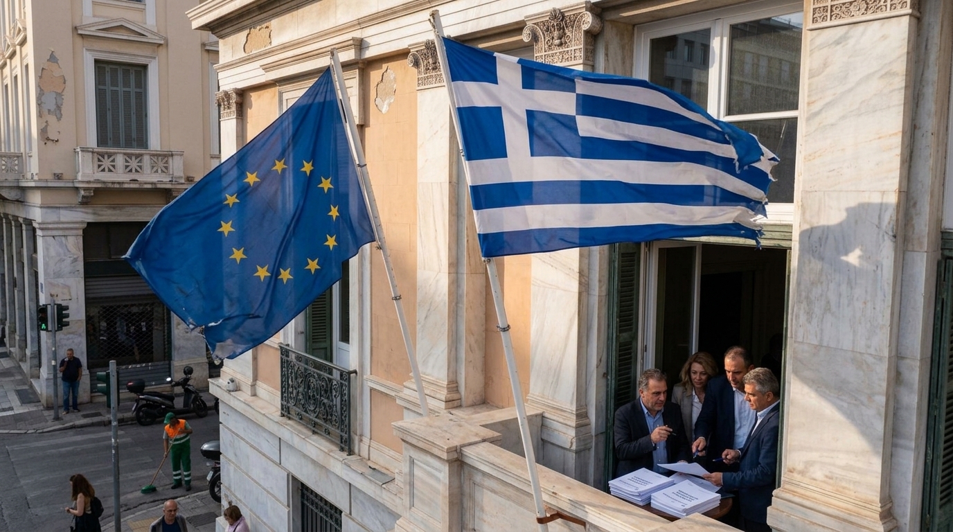 Γράφημα που απεικονίζει την ελληνική οικονομία και την έκθεση της Ευρωπαϊκής Επιτροπής.