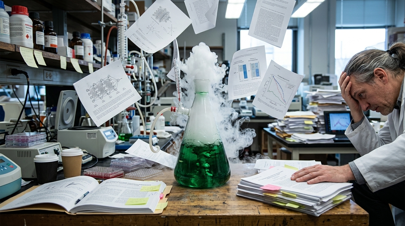 Digital illustration of AI-generated research papers overwhelming a scientific peer review process.