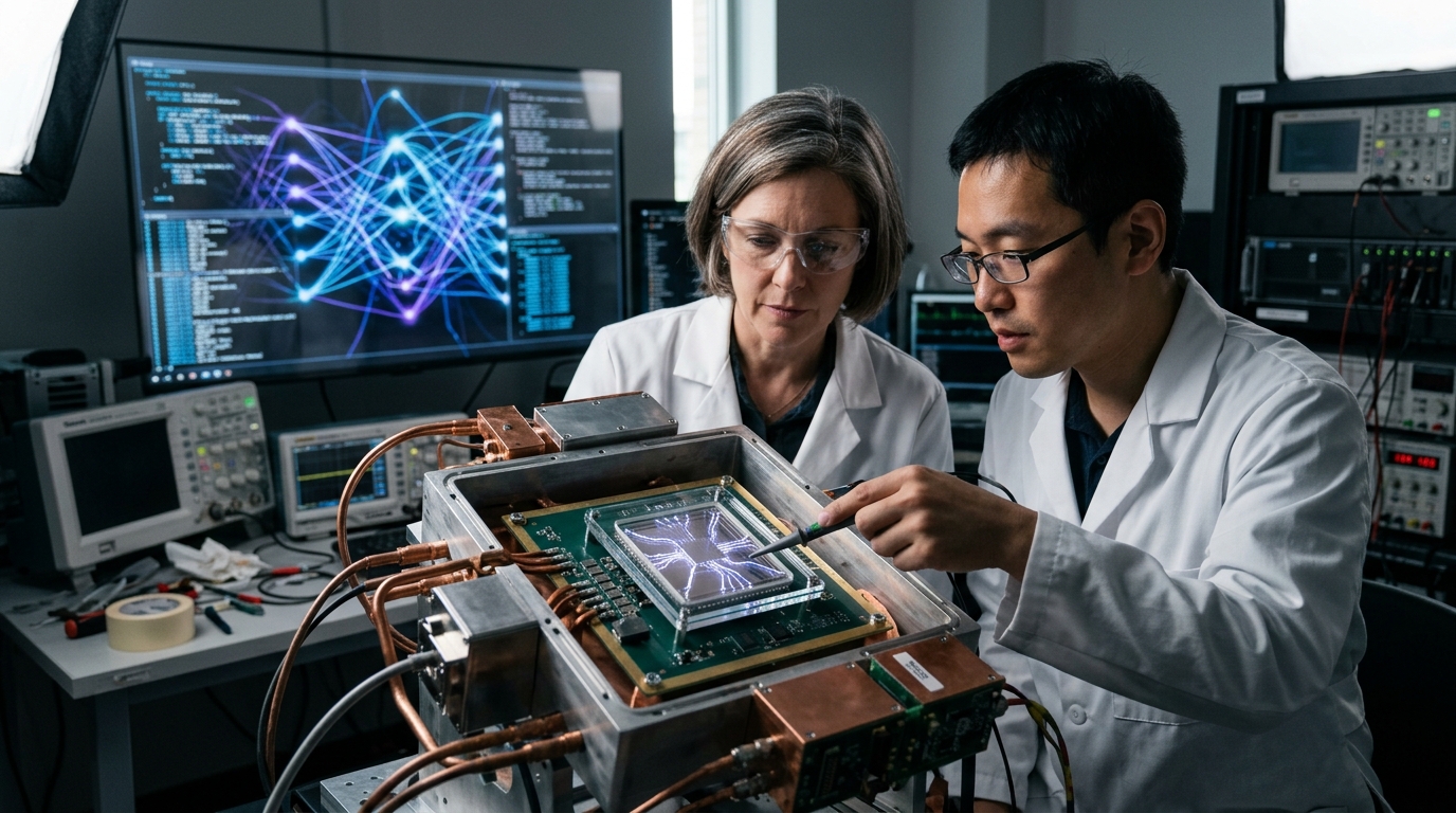 Digital visualization of a quantum processor powering artificial intelligence networks.