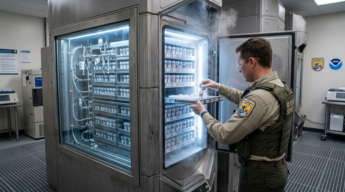 Laboratory visualization of the BioVault for DNA preservation by Colossal Biosciences.