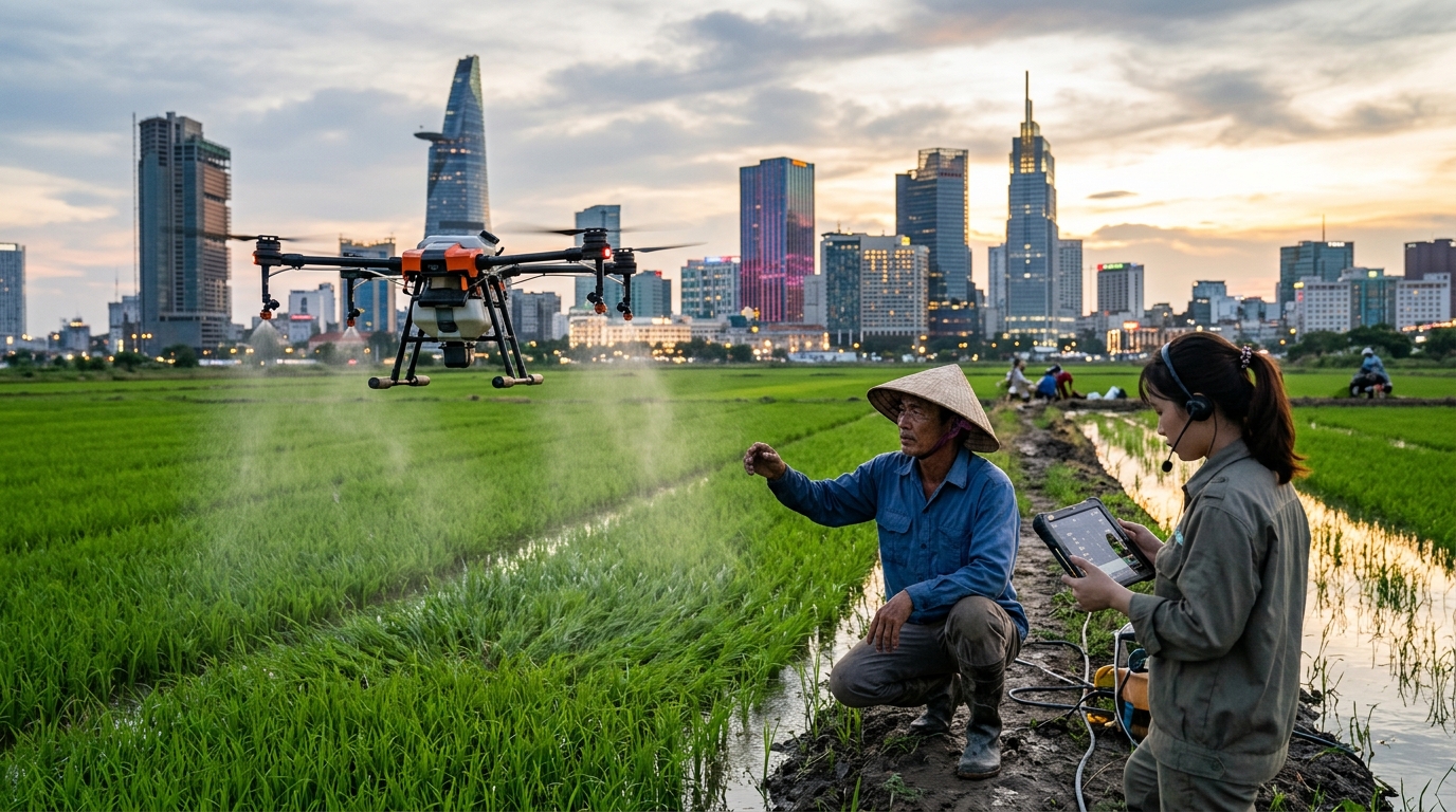 Digital technology and AI in agricultural rice production in Vietnam.