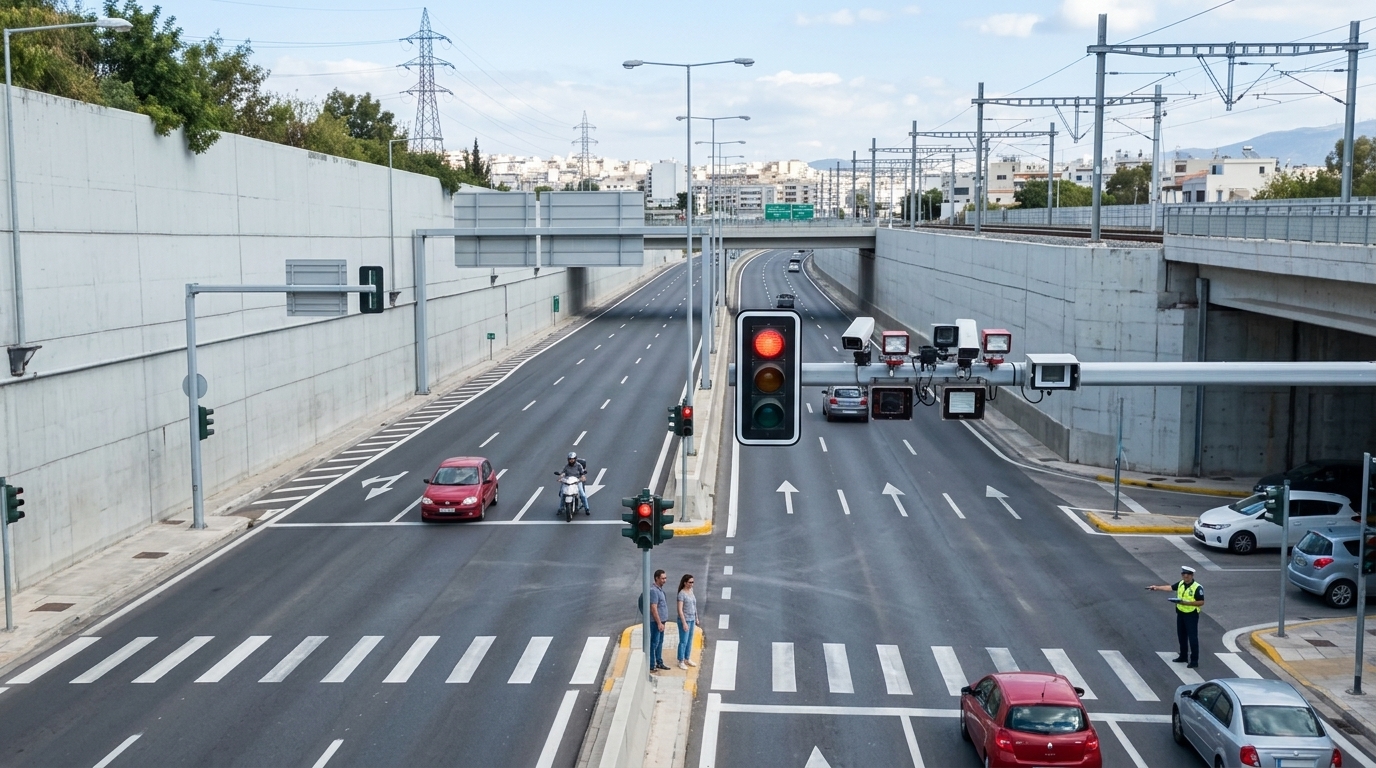 High-definition traffic light camera in Attica monitoring red light violations 24/7.