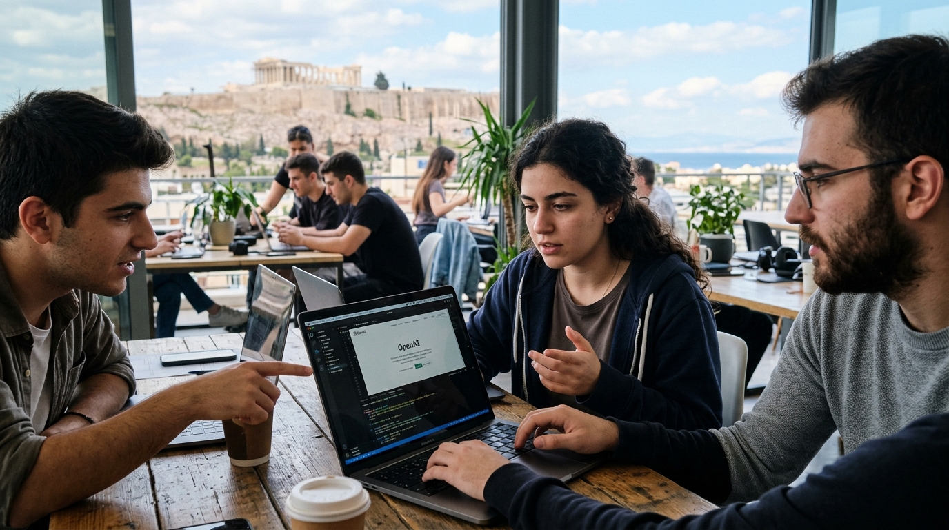 Young people in Greece using OpenAI tools and Artificial Intelligence on a computer.