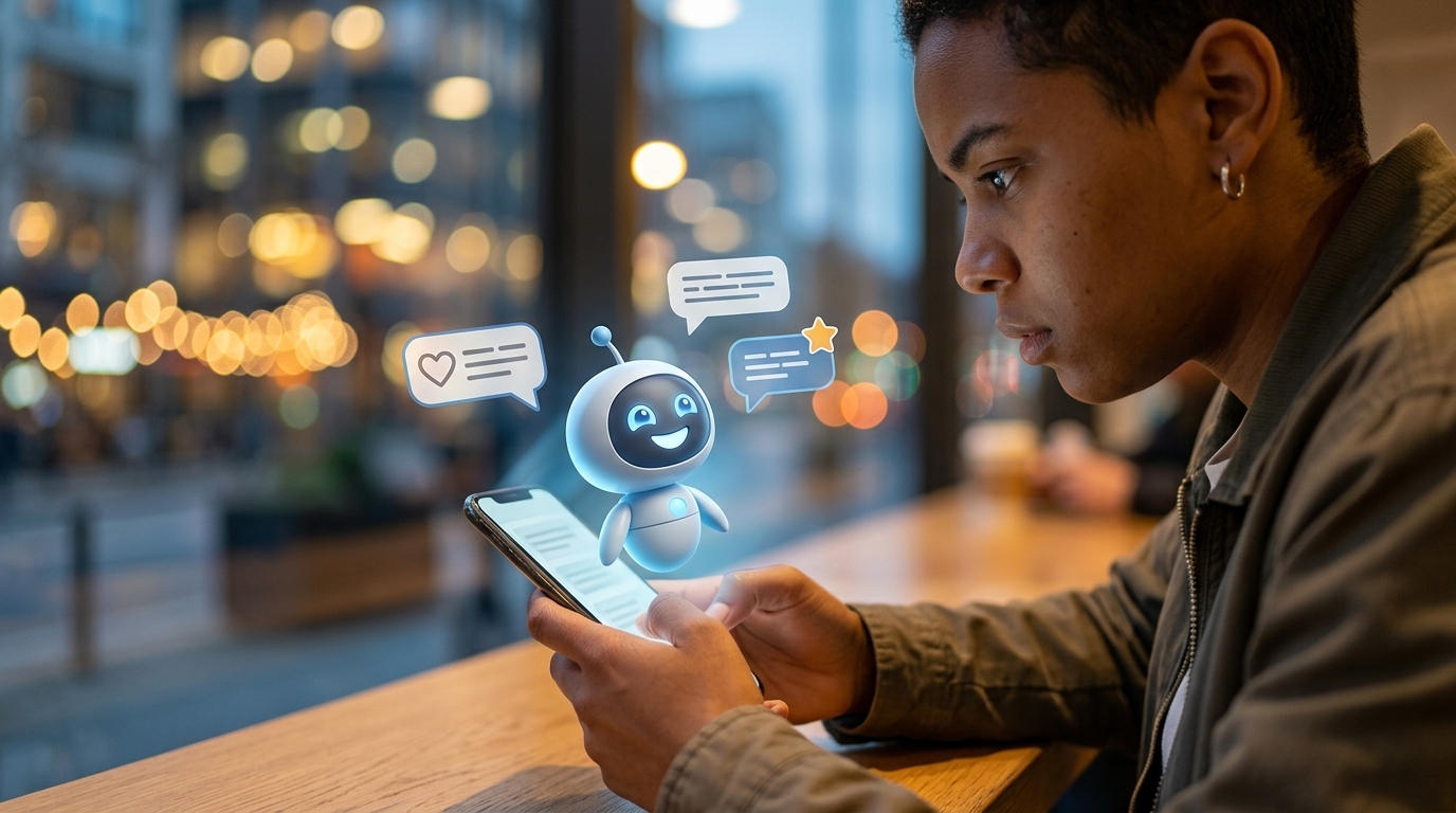 Ένα φιλικό ρομπότ chatbot που αλληλεπιδρά με χρήστη, αναδεικνύοντας την ψηφιακή ευγένεια και την πιθανότητα λάθους.