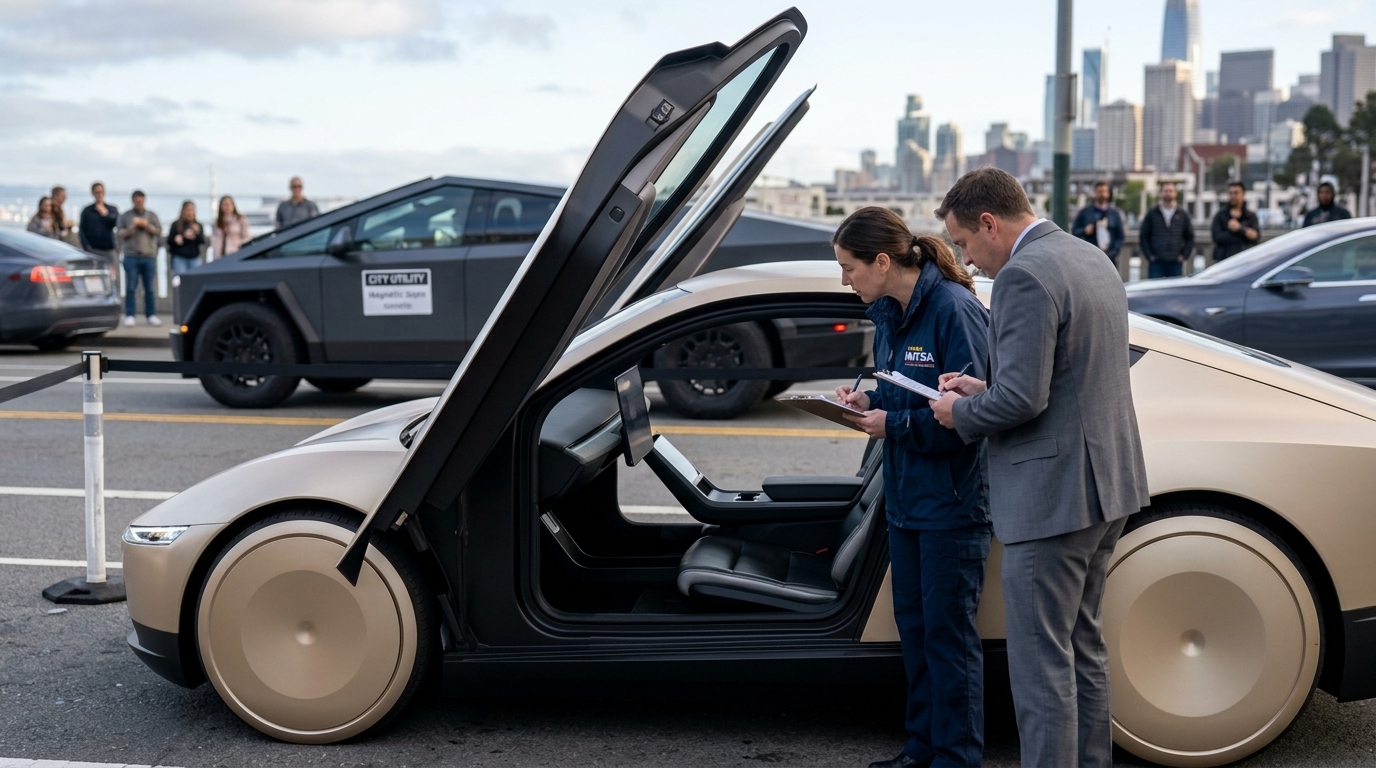 Tesla Cybercab autonomous vehicle without a steering wheel operating on public roads during safety checks.