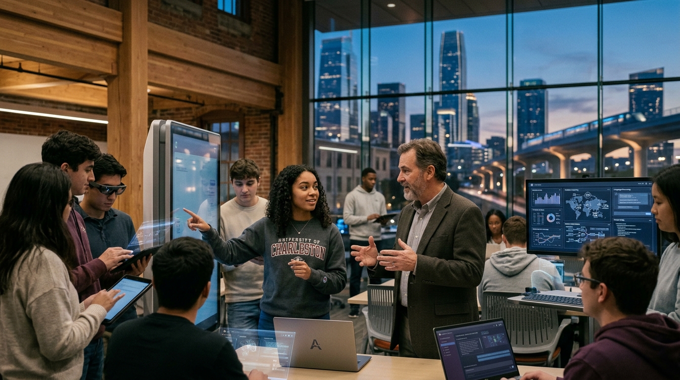 Students using Artificial Intelligence in a university classroom for academic research.