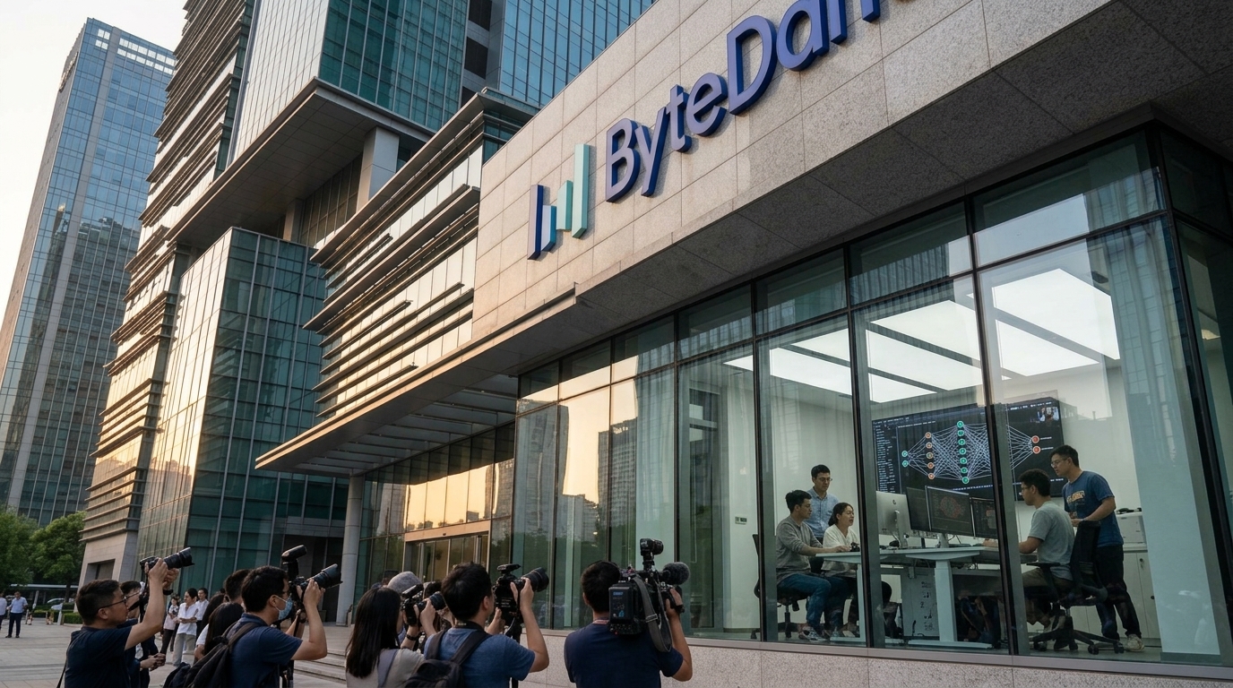 Το λογότυπο της ByteDance με ψηφιακά γραφικά τεχνητής νοημοσύνης και δεδομένων.