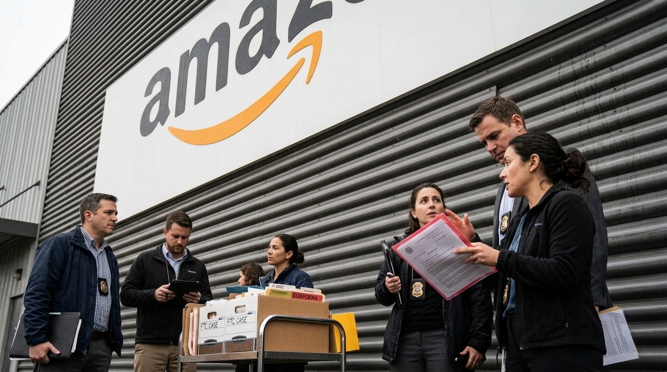 Το λογότυπο της Amazon και το σήμα της FTC σε φόντο δικαστηρίου για την αγωγή υπερχρεώσεων.