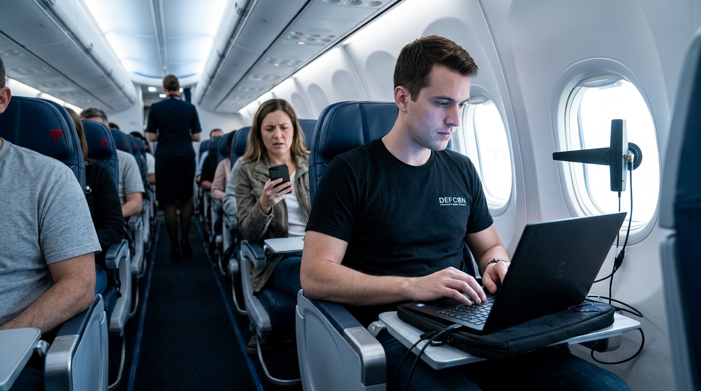 Αεροσκάφος της Delta Air Lines και εικονίδιο κυβερνοεπίθεσης Wi-Fi.