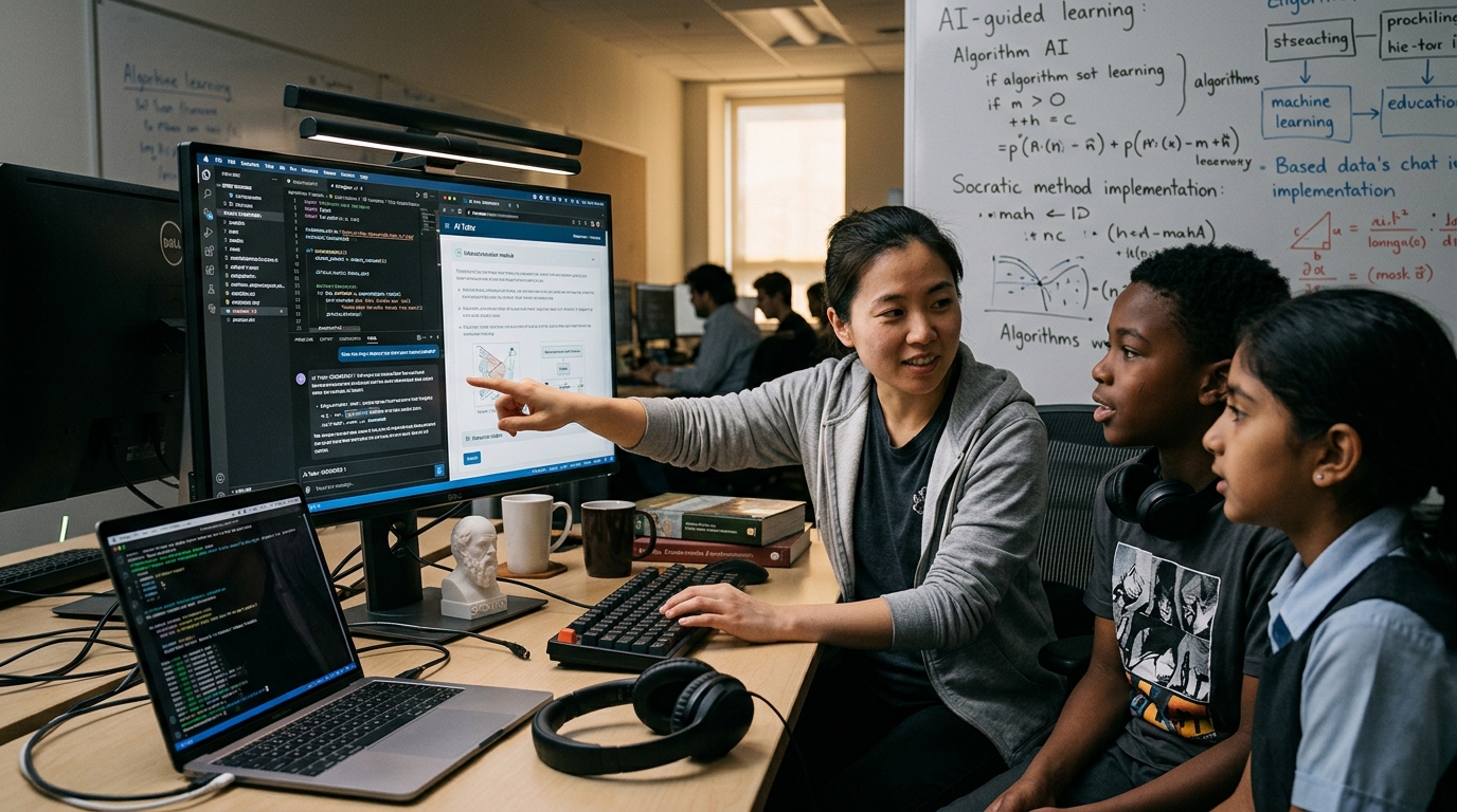 Student using AI tools for personalized learning in a digital classroom environment.