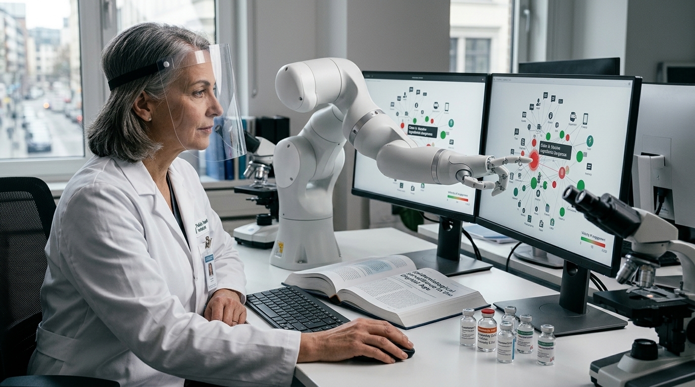 Digital representation of AI in healthcare and the fight against misinformation.