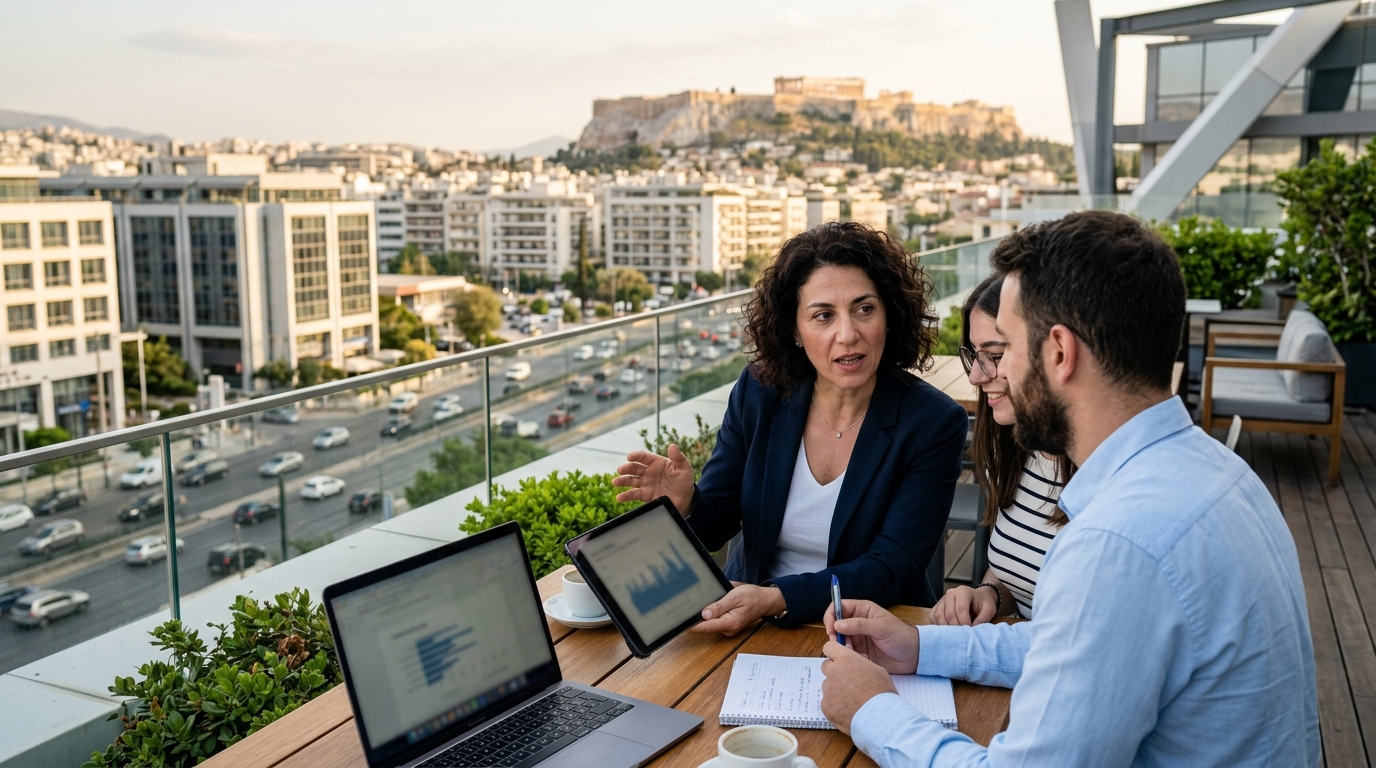 Students in a Greek classroom utilizing Artificial Intelligence tools for digital education.