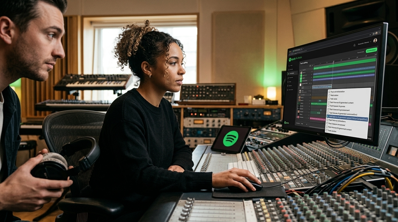 Το λογότυπο του Spotify με ψηφιακά στοιχεία τεχνητής νοημοσύνης.