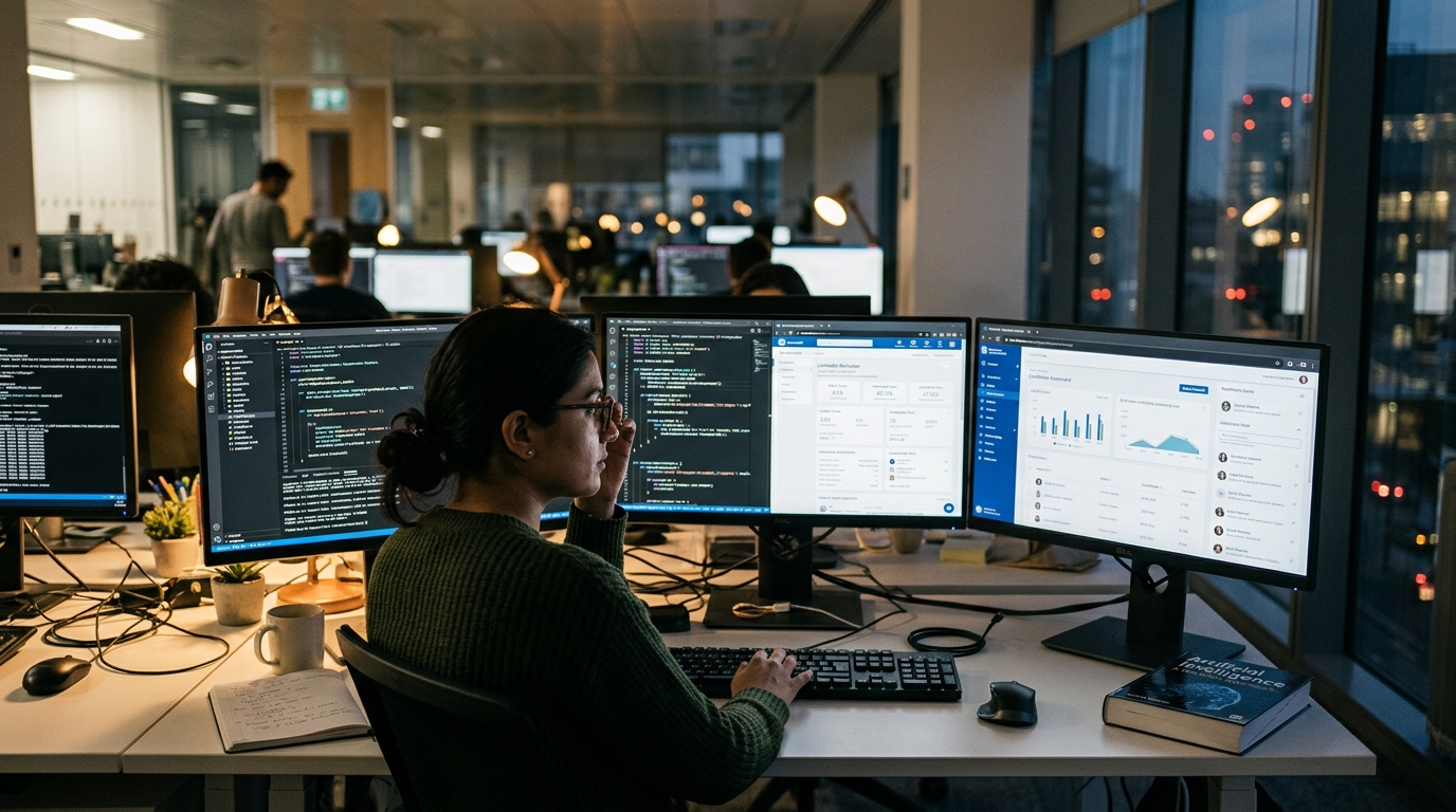 Modern computer screen displaying AI-powered job hunt results and recruitment analytics.