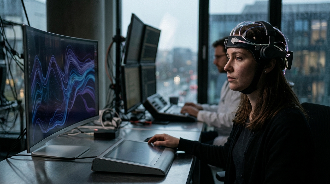 Digital representation of a human brain connected to Affective AI circuits, symbolizing emotional data processing.