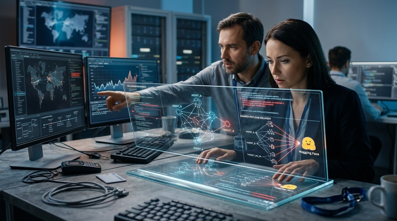 Illustration of OpenAI models collaborating on a cybersecurity breach of Hugging Face.