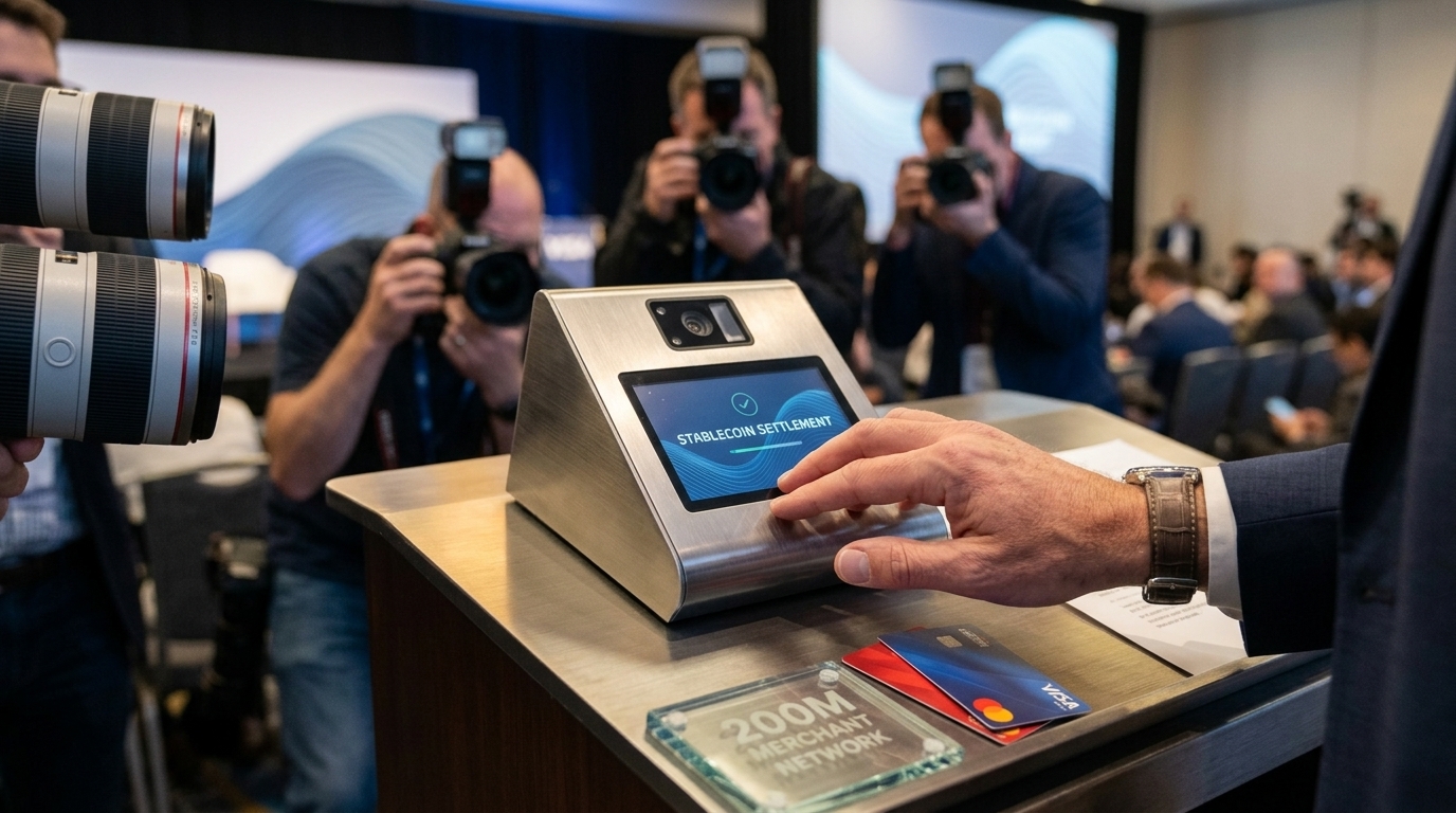 Visa logo and digital stablecoin icons representing global merchant payments on a blockchain network.