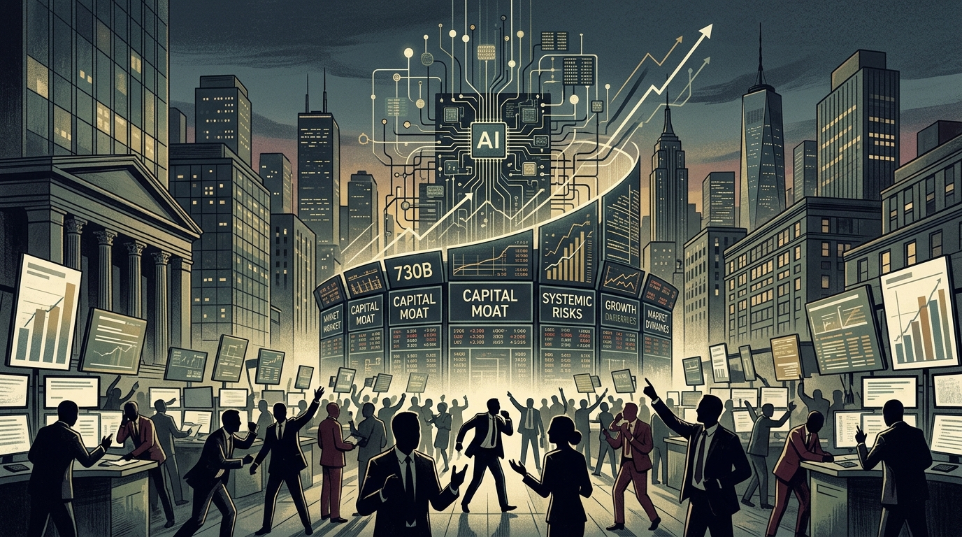 Digital visualization of $730 billion AI investments and capital moats by major tech firms.