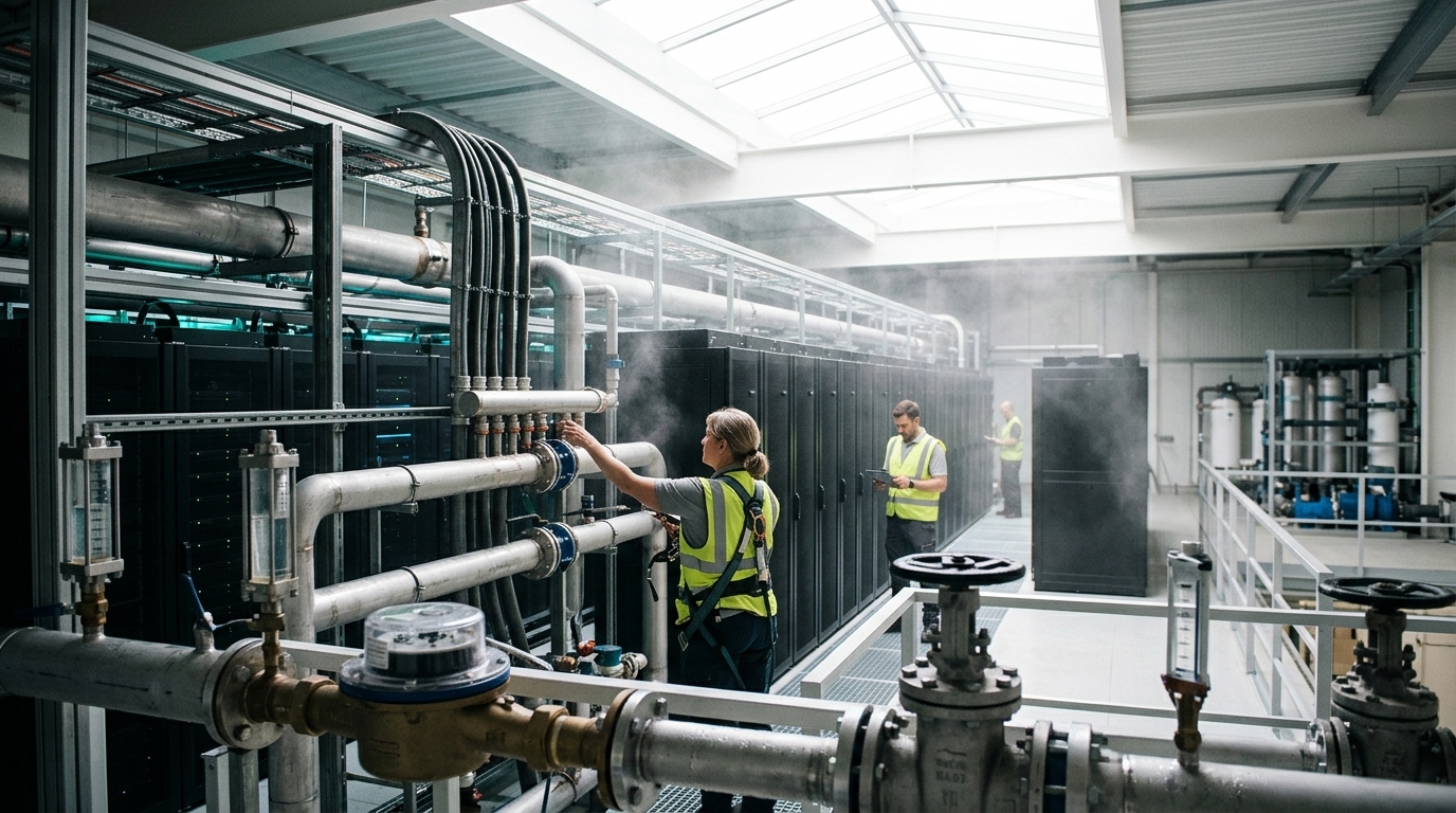 Σύγχρονες εγκαταστάσεις AI data center με μπλε φωτισμό που αναπαριστά την κατανάλωση ενέργειας.
