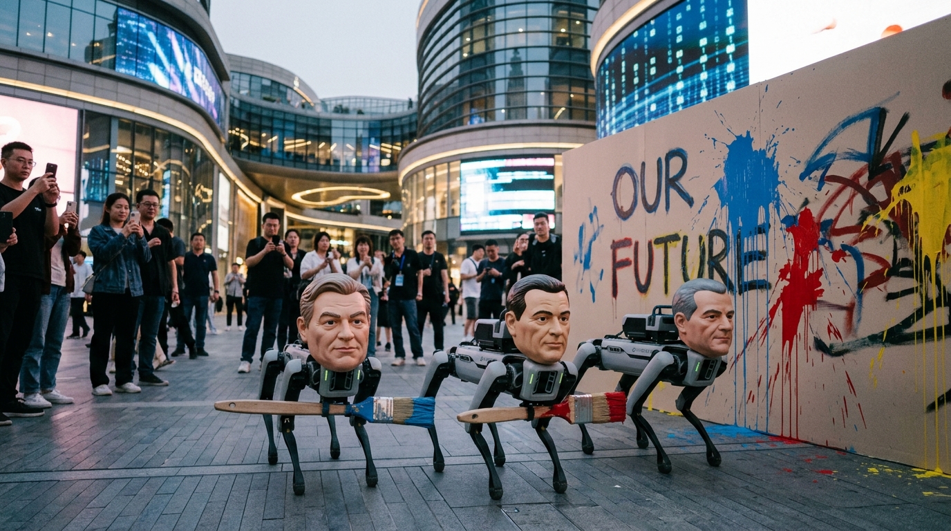 Ρομπότ-σκύλος με μάσκα δισεκατομμυριούχου να δημιουργεί ρομποτική τέχνη σε καμβά.