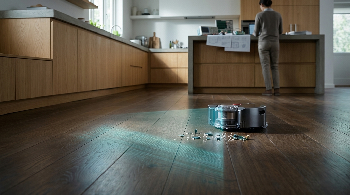 The new Dyson Spot & Scrub Ai robot vacuum in a modern home setting.