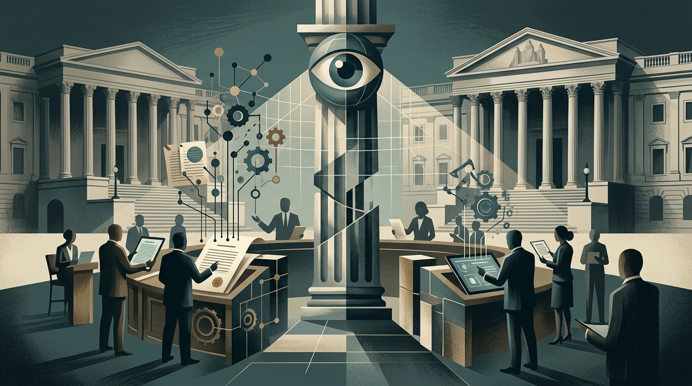 Digital representation of AI legislation and data transparency.