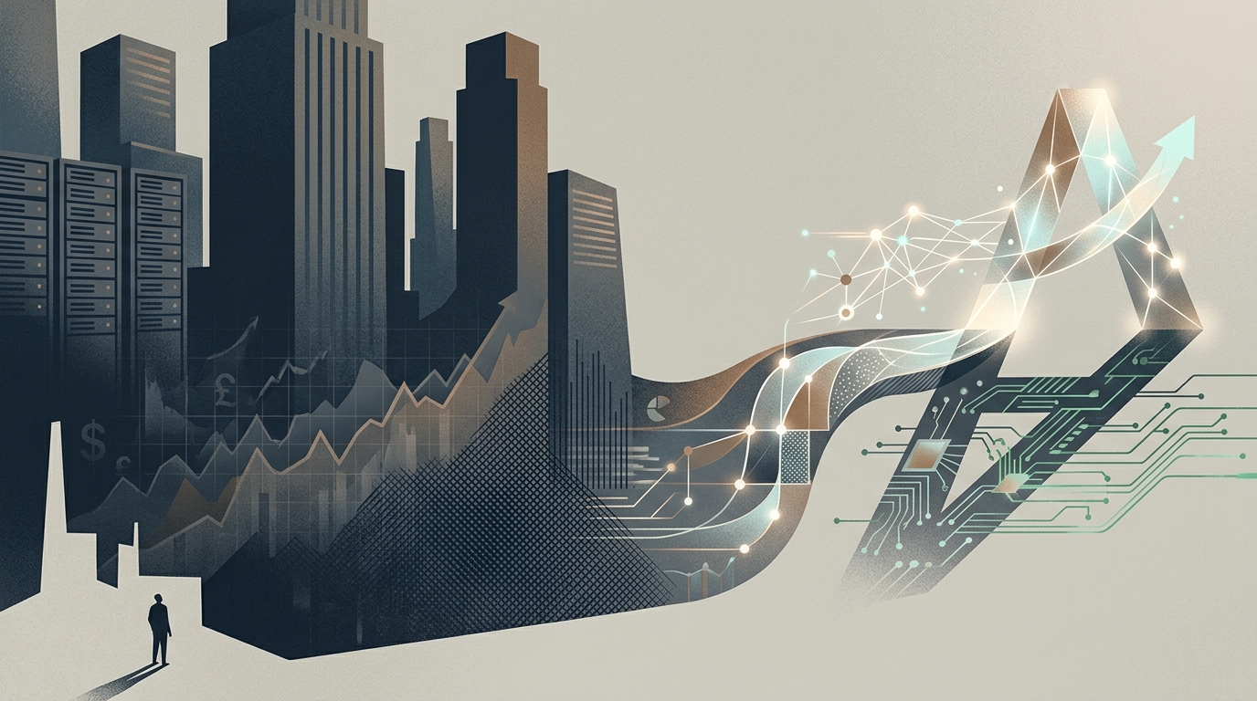 Digital visualization of data centers and financial charts representing AI efficiency.