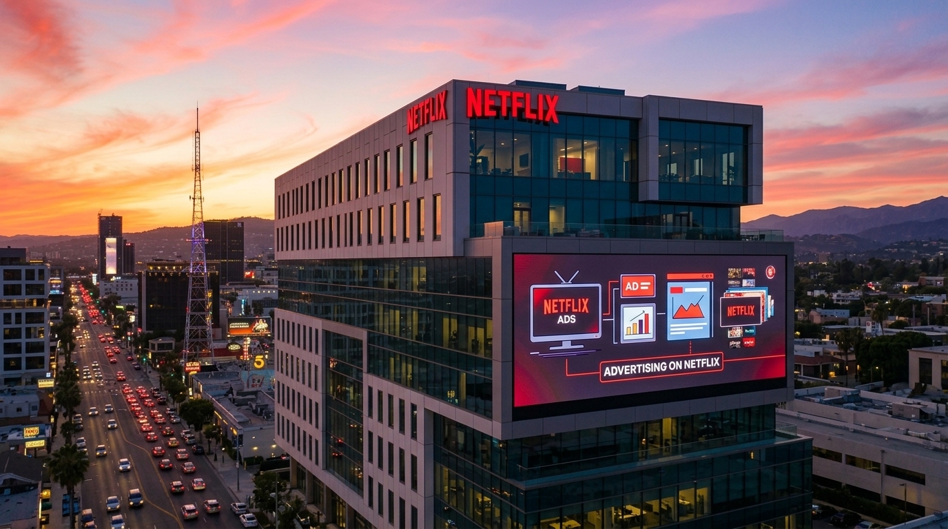 Το λογότυπο του Netflix σε οθόνη τηλεόρασης με έμφαση στις νέες διαφημίσεις.