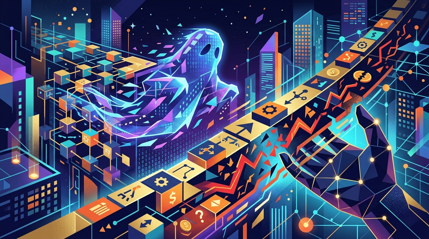 Digital illustration of an AI agent over a financial ledger, symbolizing AI accountability.