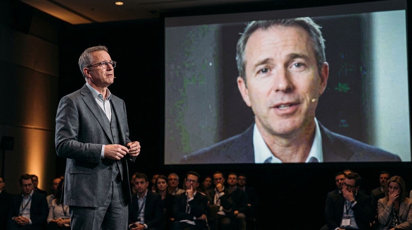 Digital representation of a deepfake executive in a corporate setting.